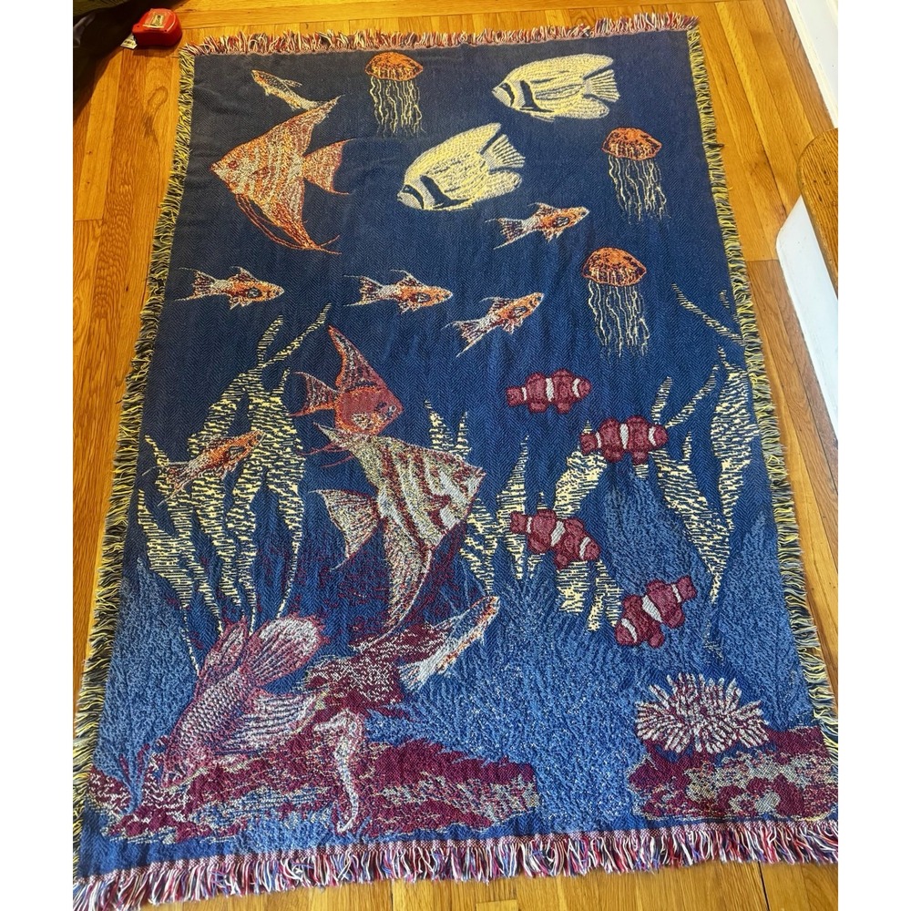 Vintage MWW Fish Jellyfish Tapestry Knit Throw Blanket Lap Ocean Fringe 1992 WOW